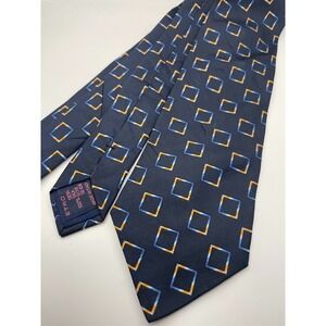 Etro Milano Silk Tie Navy Blue Orange Geometric Square Pattern Made in Italy